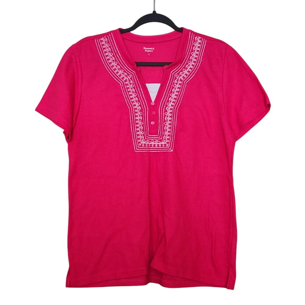 Brunswick Square Womens Ribbed Tee Size L Hot Pink Short Sleeve Embroidered Top